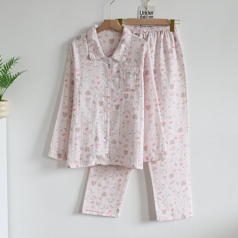 B1136-100% pure cotton double-layer cotton yarn striped puppy all-season long-sleeved collared cardigan for women's loungewear/pajamas.