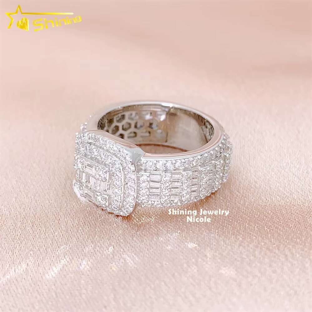 Hot Selling Pass Diamond Tester Ice Out Baguette 925 Sterling Silver Moissanite Mens Engagement Ring