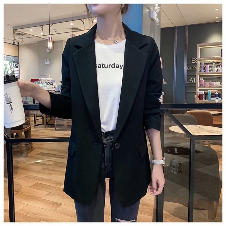 D42Spring/Autumn Casual Wear: Women's Korean Style Medium-Length Black Blazer with Full Sleeve Detail