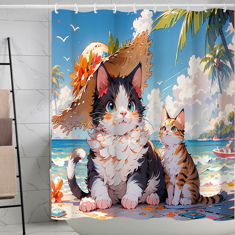 YL-37617 Digital Shower Curtain for Kitty Bathing, Bathroom Dry and Wet Separation, Polyester with Hooks, Isolation Curtain