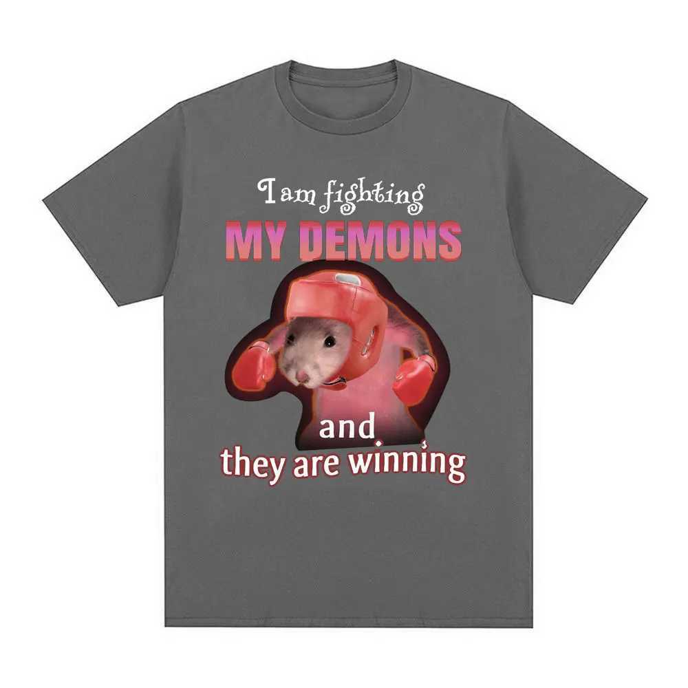 Funny I Am Fighting My Demons and The Are Winning Rat Meme T-shirt Men Fashion Creative T Shirts Short Sleeve Oversized T-shirts X250403