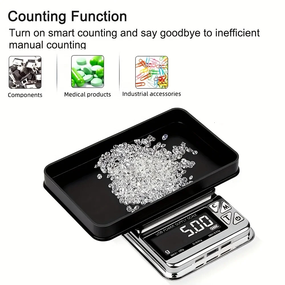 1Pc High Precision Electronic Scale 001g Digital LCD Count Stainless Pocket Scales Jewelry Scale Carat Scale Usb Power Supply 251028