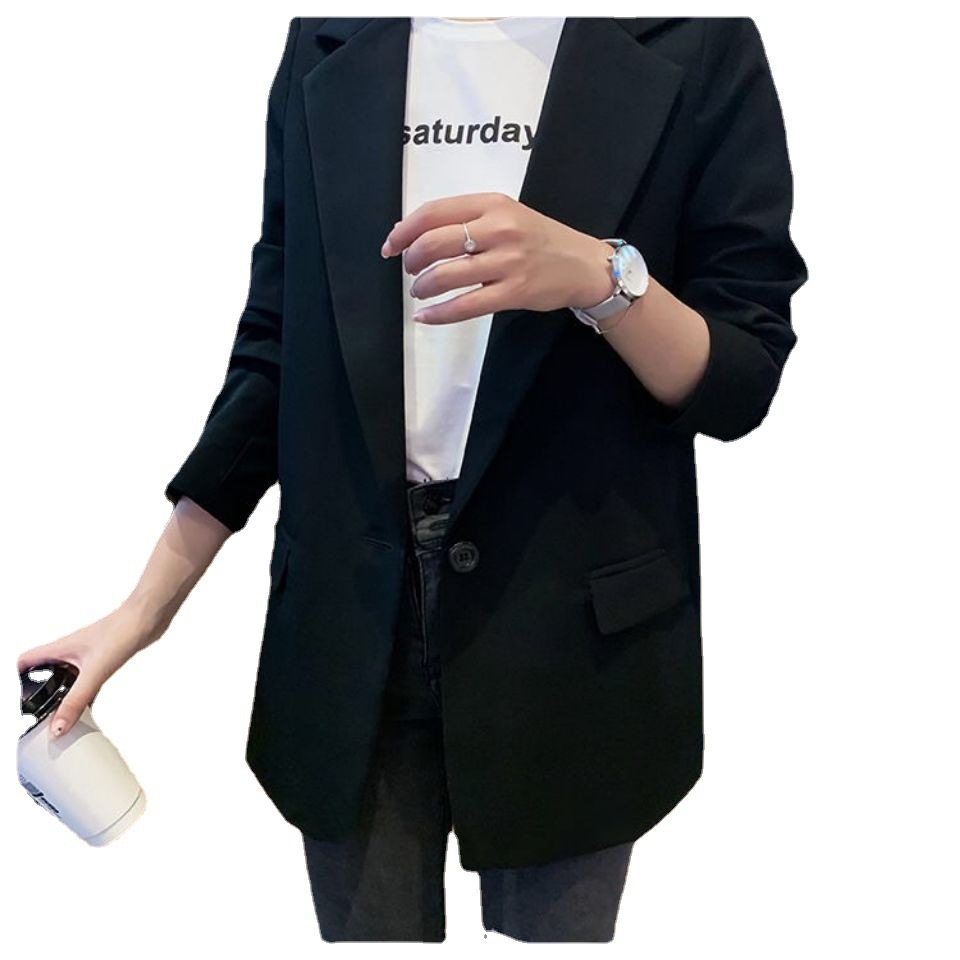 D42Spring/Autumn Casual Wear: Women's Korean Style Medium-Length Black Blazer with Full Sleeve Detail