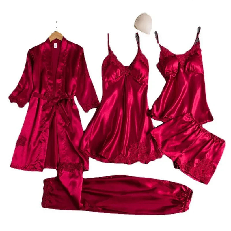 5 Pcs/Set Silk Robe Sleep Suit Womens Satin Pajamas Gown Set V-Neck Cami Nighties Wear Pijama Home Nightwear Spring Nightdress 250402
