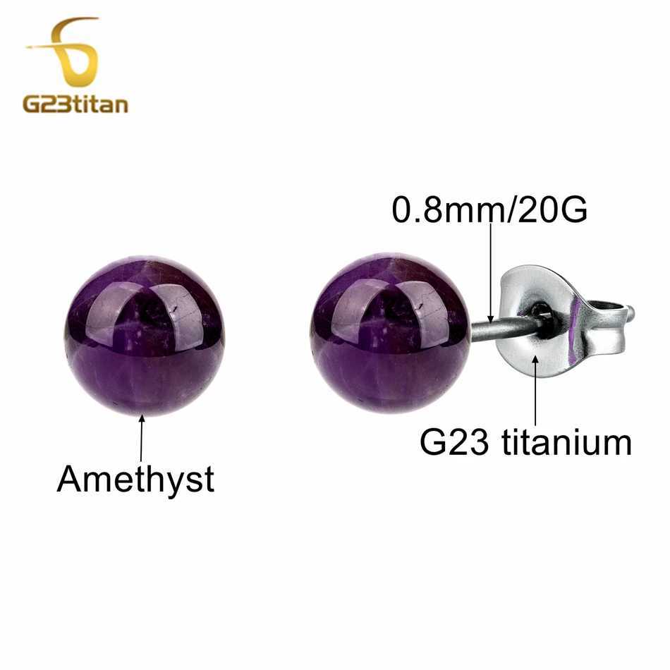 Semi Precious Stone Earrings Natural Purple Amethyst Ball Medical Titanium Earrings Women Ear Piercing Stud Fashion Jewelry Gift C251103