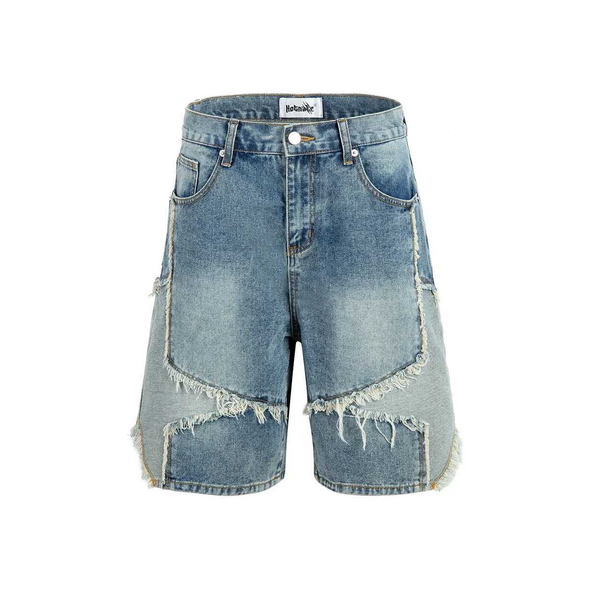 High Strt Washed Stars Patchwork Baggy Jeans Shorts for Men Wide Leg Straight Casual Denim Five Point Pants Oversized X2504031