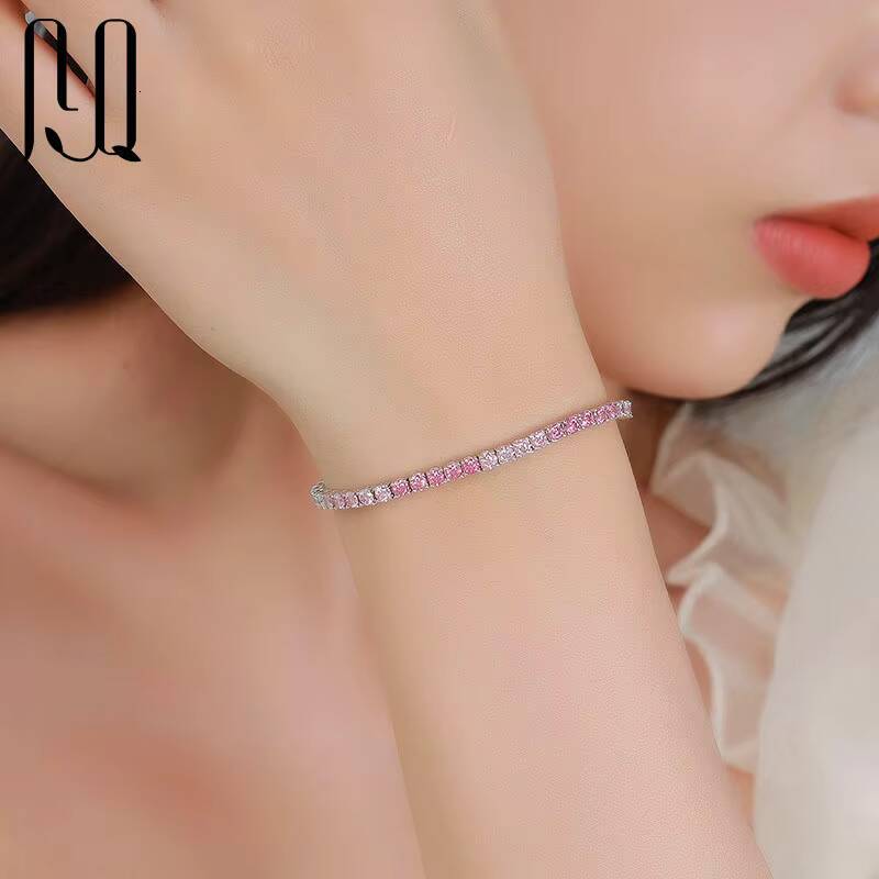 PYQ 3mm Gradient Pink Blue Green Moissanite Tennis Chain S925 Silver with 18K Gold Plated Moissanite Tennis Bracelet for Women
