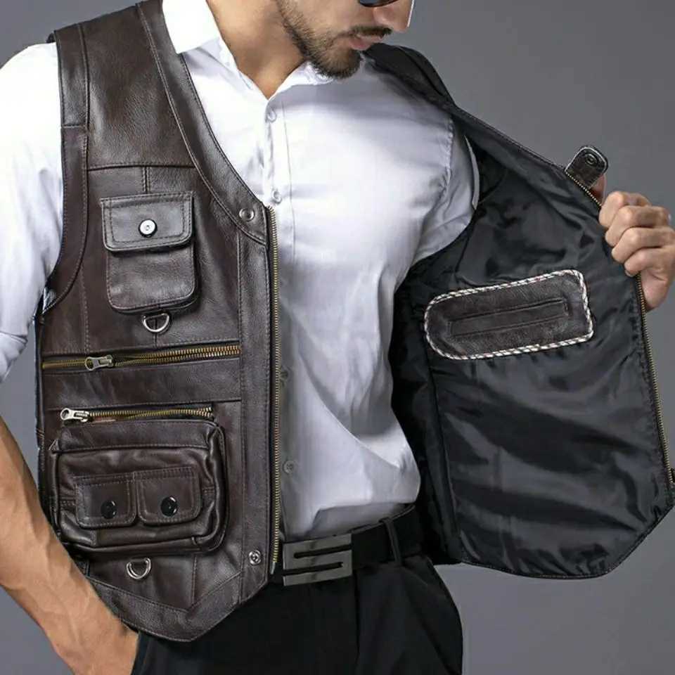 2024 Cowhide Genuine Leather Man Vest Waistcoat Male clothing Jacket Thick Motorcycle Multi Pocket leather biker Men safety vest X250403