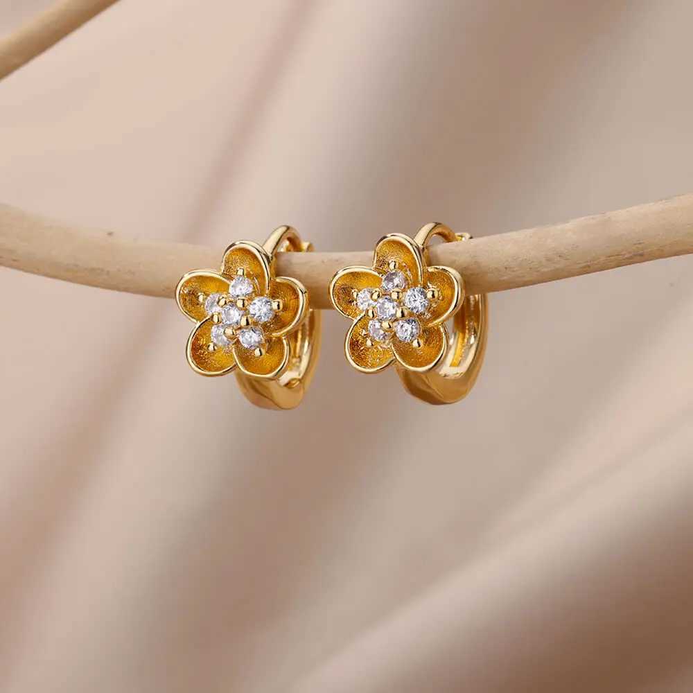 Zircon Earrings For Women StainlESS Steel Flower Geometric Hoop Earring Aesthetic Wedding Jewerly pendientes C251103