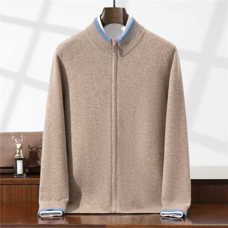 100 Wool Cardigan for Men Half Turtleneck Zipper Color Block Thickened Sweater Business Casual Outerwear Knitted JacketT251103