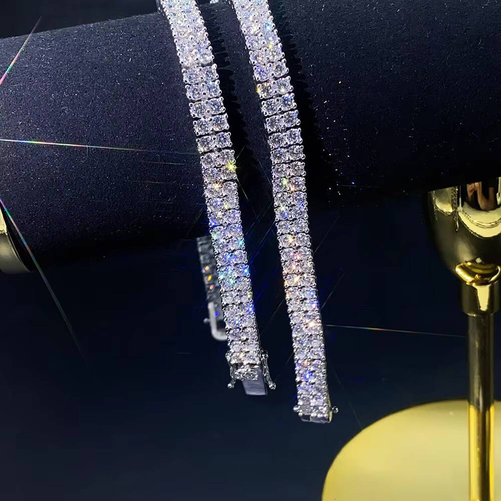 Hip Hop Jewelry 2 Rows Tennis Bracelet Jewellery VVS 3mm Moissanite 925 Sterling Silver Tennis Chain
