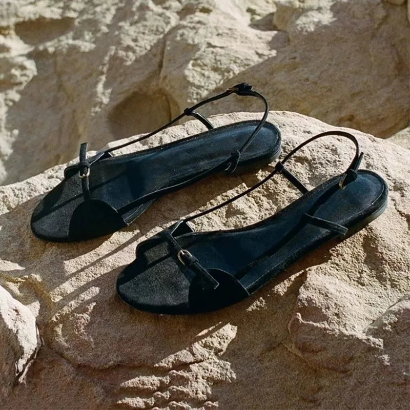 Womens Fashion Sandals Summer Round Head Soft Frosted Open Toe Hollow Belt Buckle Flats 251030