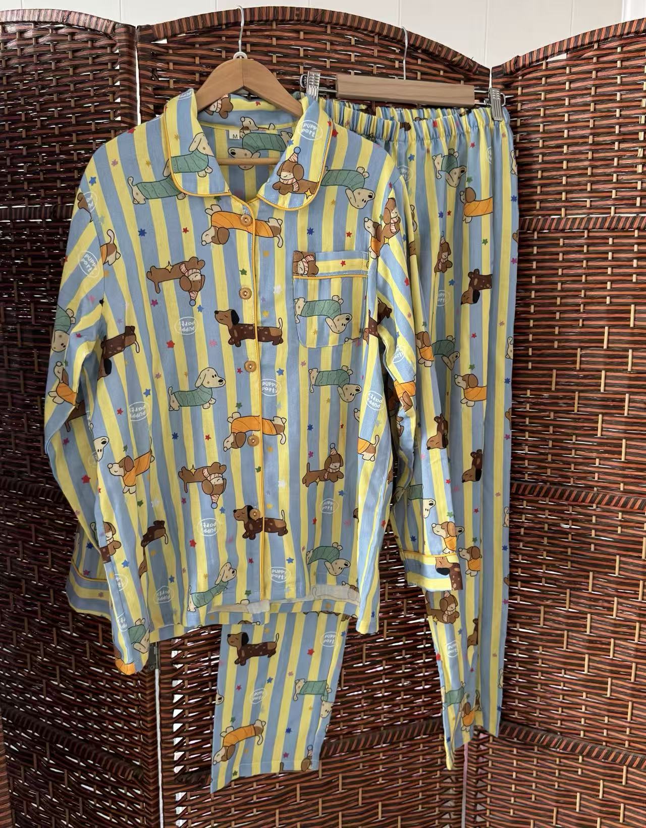 B1136-100% pure cotton double-layer cotton yarn striped puppy all-season long-sleeved collared cardigan for women's loungewear/pajamas.