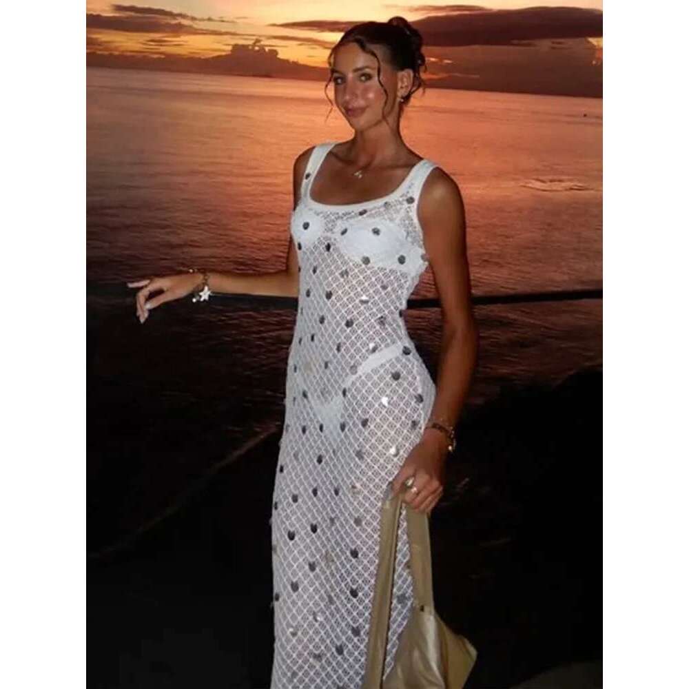 Women's Wear Sexy Hollow Out Sequins Crochet Long Dress Women Sleeveless O-Neck See Through Slim Glitter Cover Up 2025 Summer Beach Swimwear