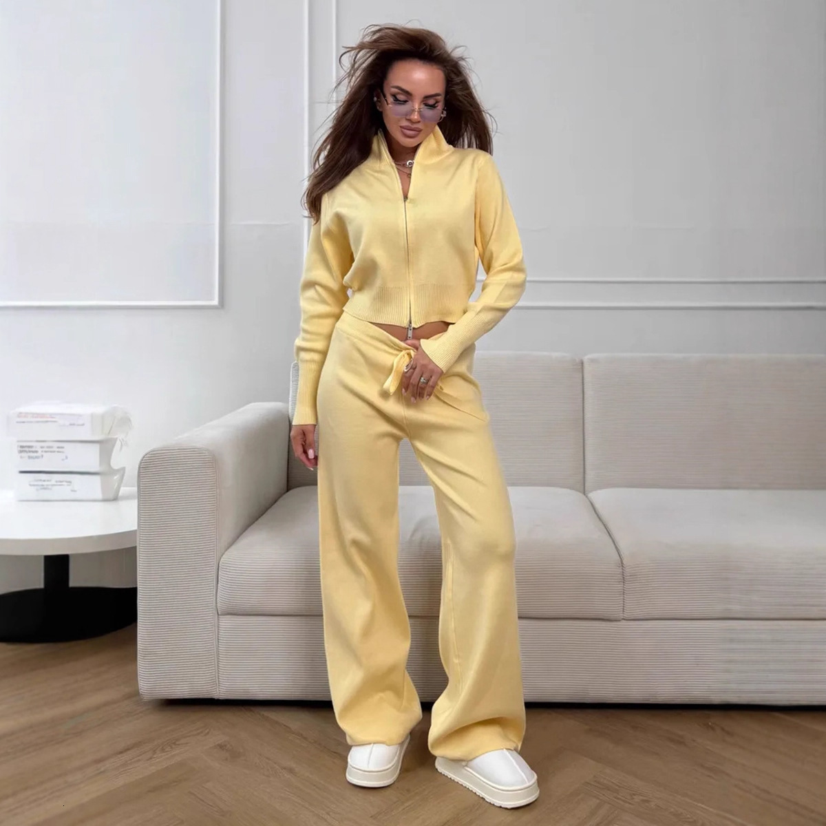 2025 Autumn Winter New Style Elegant Double Zipper Slim Fit Knitted Sweater Set 251022