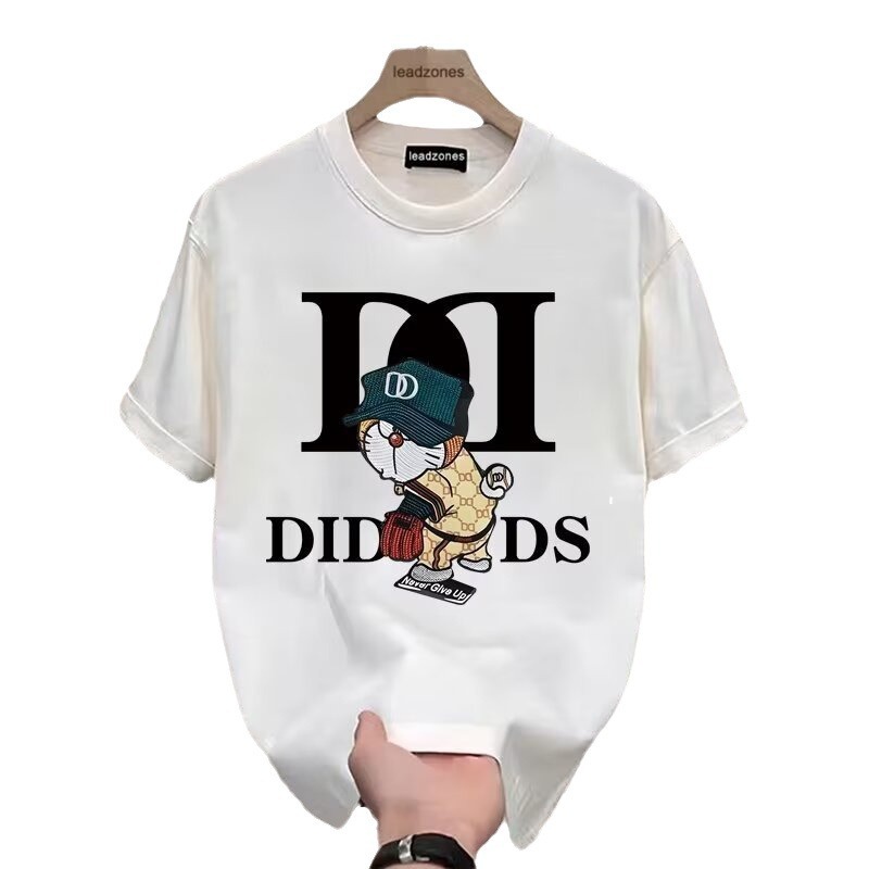 2025 Summer New Short sleeved Men's Fashion Brand Ins Printed Casual Cartoon Round Neck Loose and Versatile White Top