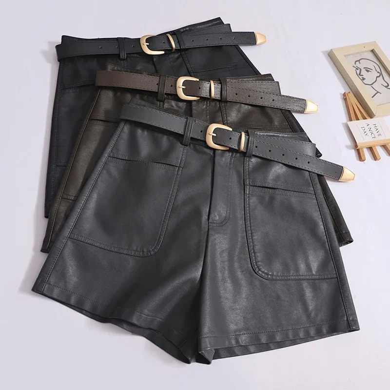 Womens PU leather autumn shorts with belt fashionable high waisted firstline office casual loose womens straight pants 250402m