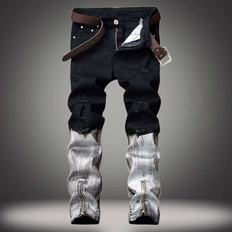 Mens Jeans Designer Jeans For Men Jeans Cut open jeans men's ripped cuffs zipper coated jeans