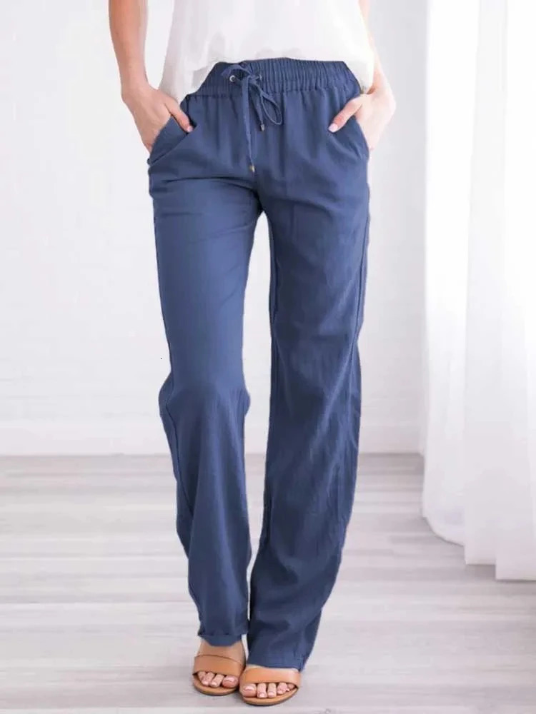 Solid Color Spring/Summer Womens Cotton Linen Drawstring Loose Wide Leg Pocket Pants Selling Pants 250402