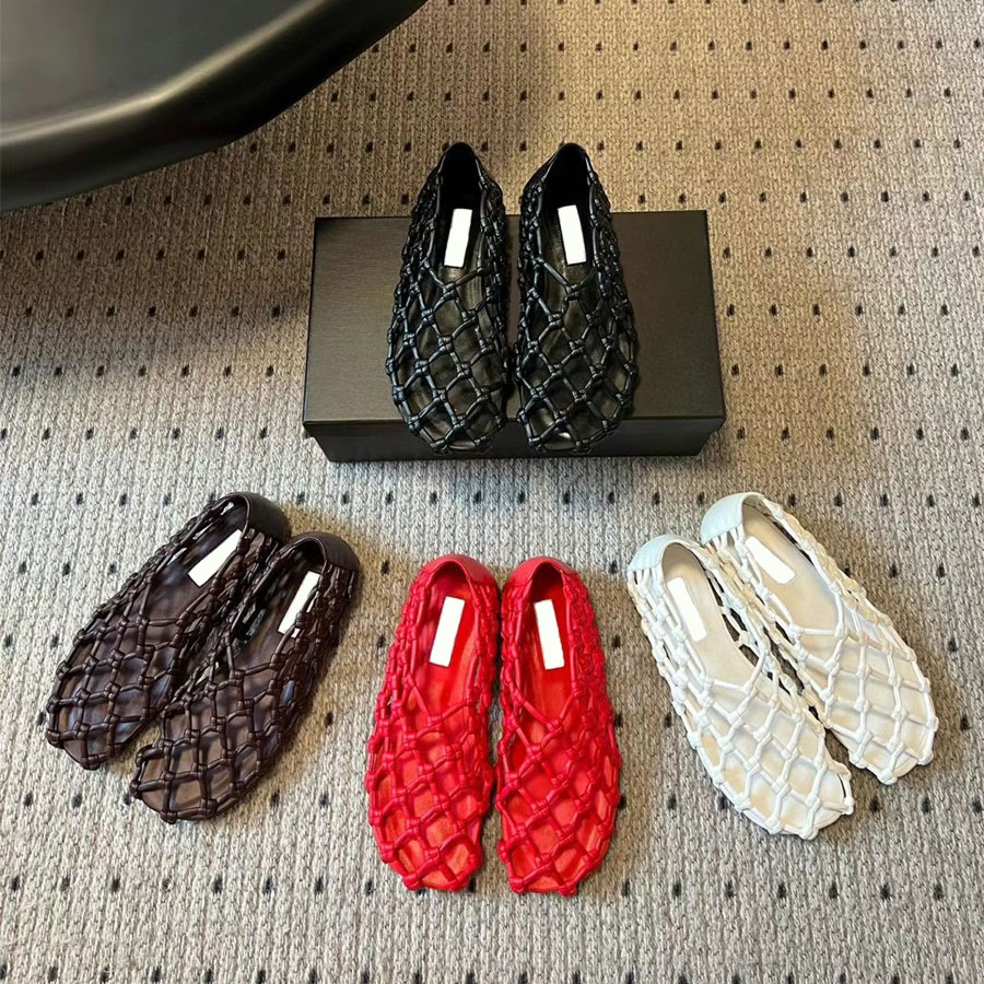 Breathable new fashion minimalism Summer Red Handmade Rope Woven Hollow out loafers Flat sandal slip on slide designer shoe for womens holiday shoes