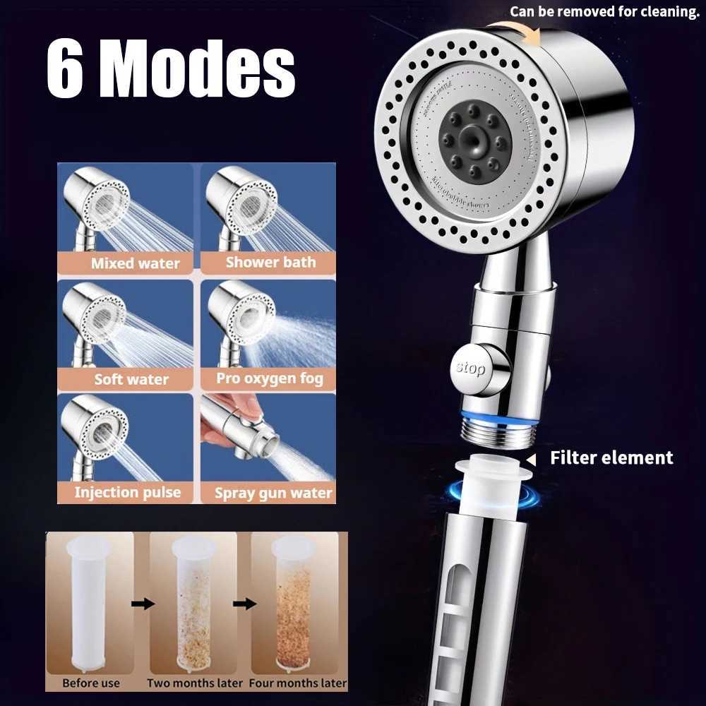 6 Modes High Pressure Shower ABS Water Saving Filter Shower Fall Resistance Bath Shower Nozzle Set with Stop Button Y251103