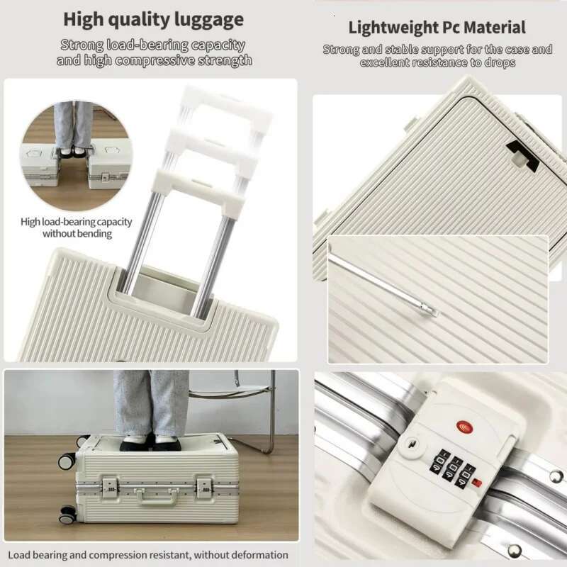 Aluminum Alloy Frame Suitcase Front Opening Pocket USB Charging Plug Rolg Lage Trolley Case Bag with Spinner Wheel