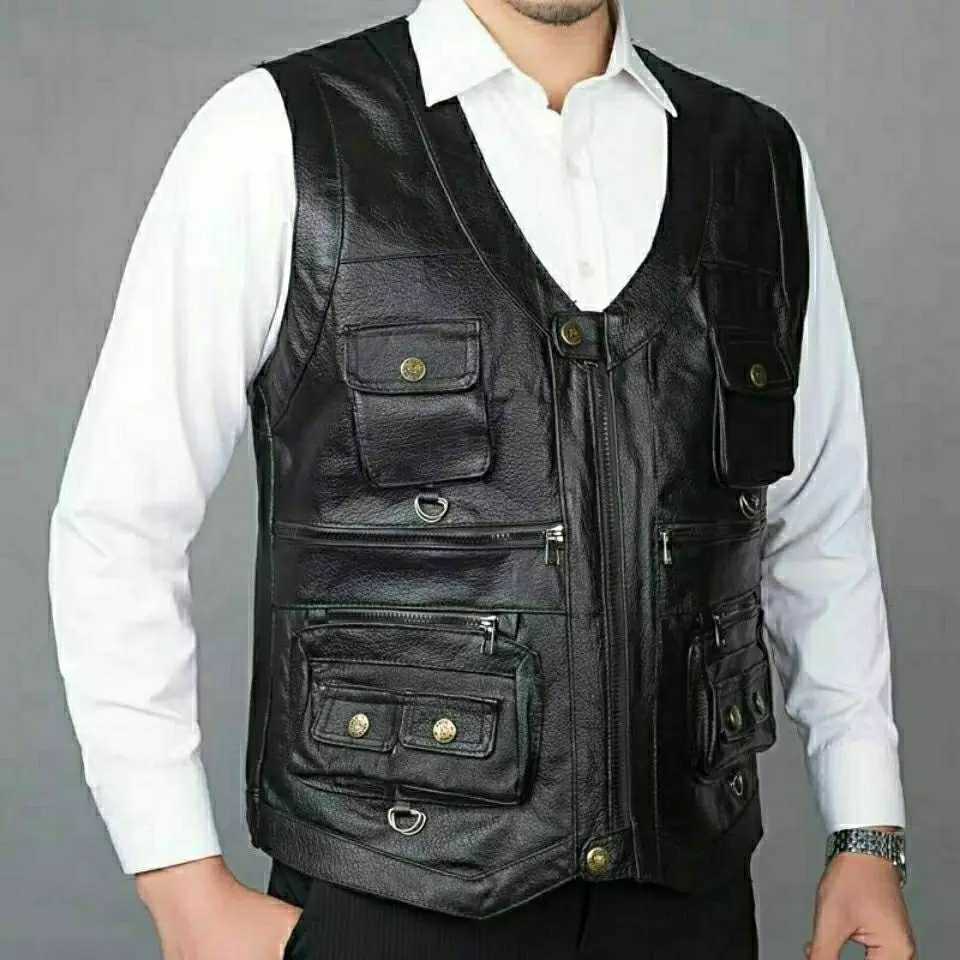 2024 Cowhide Genuine Leather Man Vest Waistcoat Male clothing Jacket Thick Motorcycle Multi Pocket leather biker Men safety vest X250403