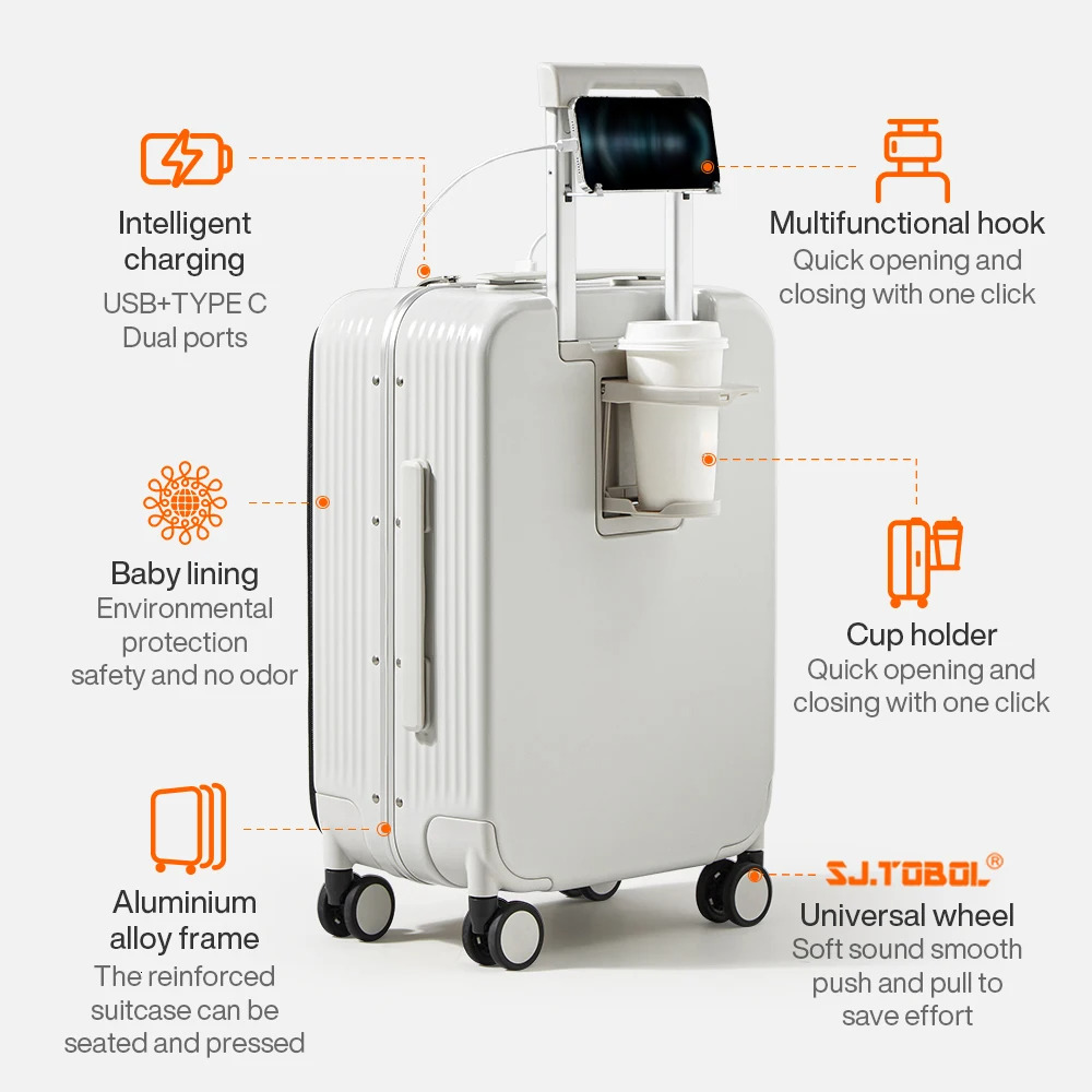 Mixi NEW Aluminum Frame Suitcase Carry On Rolg Lage with USB Port Boarding Cabin Cup and Phone Holder 20 24 Inch