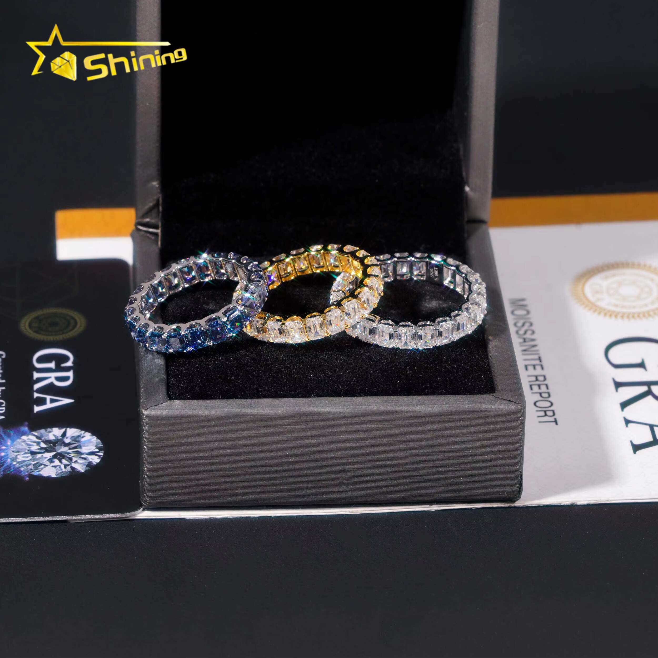 S925 Silver Emerald Cut VVS D Color Eternity Colored Moissanite Diamond Fine Jewelry Enterity Wedding Ring for Men Women