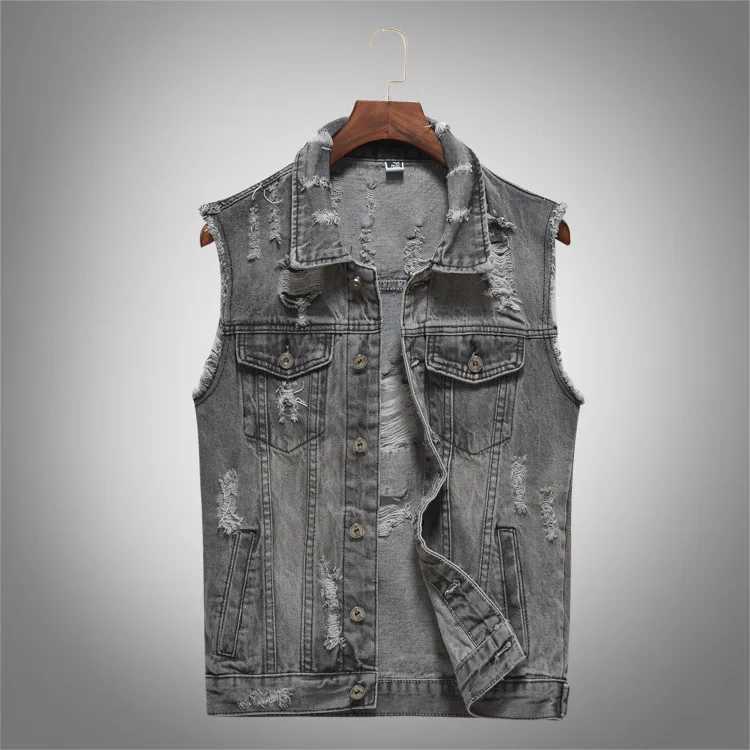 Vests Men Denim Jacket Hole Turn Down Collar Sleeveless Coats Casual Regular Splice Pocket Button Single Breasted Coat Jackets X250403