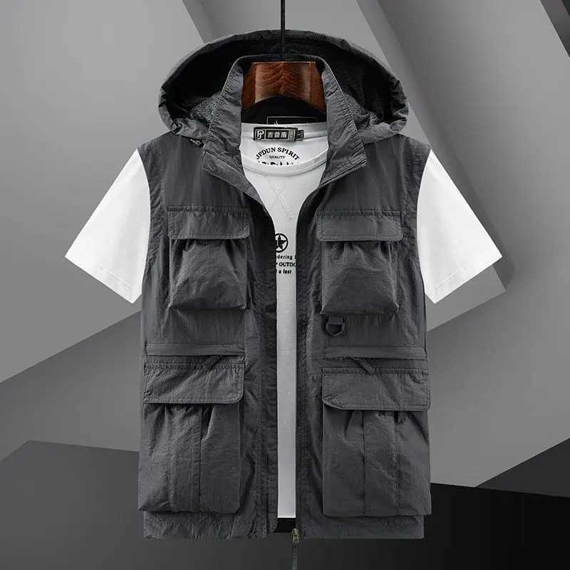 Spring New Outdoor Hooded Fishing Vest Mens Solid Breathable Multi-Pocket High Quality Vest Coat Detachable Hat Sports Vest Male X250403
