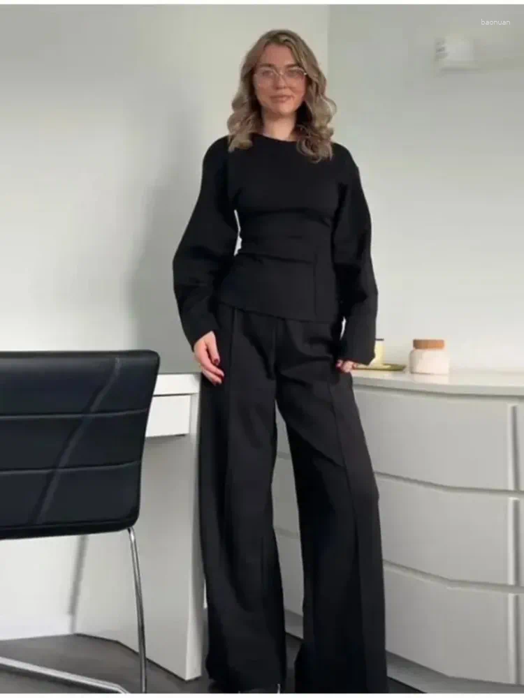 Womens Two-Piece Set Casual Solid Slim O-Neck Top with Long Sleeves & Wide-Leg Pants - Autumn Winter Office Wear C260312