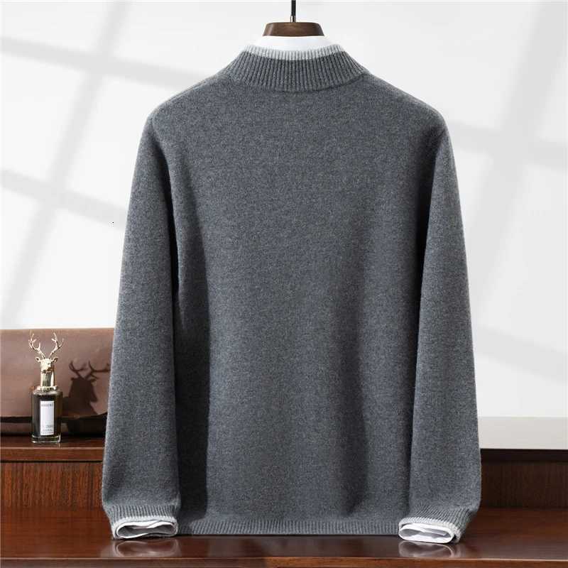 100 Wool Cardigan for Men Half Turtleneck Zipper Color Block Thickened Sweater Business Casual Outerwear Knitted JacketT251103