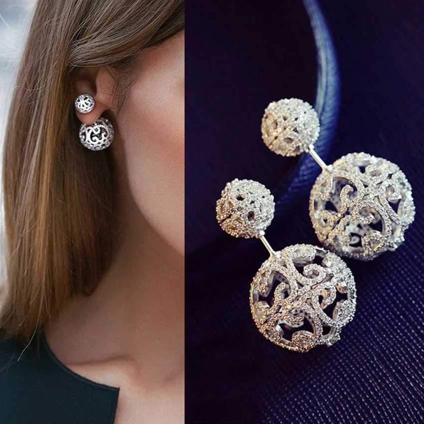 Korean Fashion Miniature Zircon Pave Double sided Hollow Ball Jacket Earrings Suitable for Womens Fashion Clothing Jewelry Pendiente Mujer Y250401