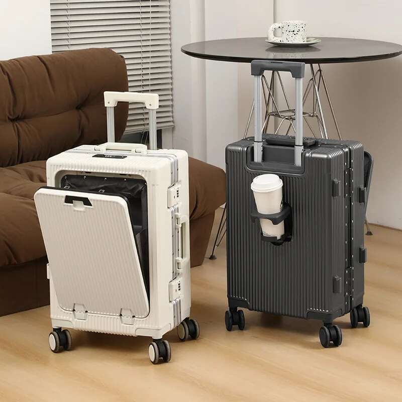 Aluminum Alloy Frame Suitcase Front Opening Pocket USB Charging Plug Rolg Lage Trolley Case Bag with Spinner Wheel