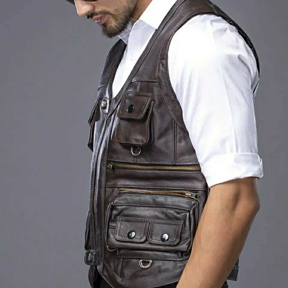 2024 Cowhide Genuine Leather Man Vest Waistcoat Male clothing Jacket Thick Motorcycle Multi Pocket leather biker Men safety vest X250403