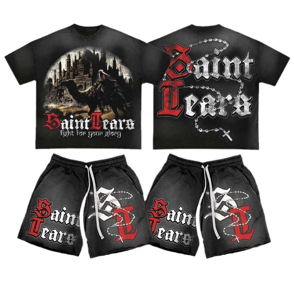 Street hip-hop printed men's short sleeved T-shirt set, summer cool casual sportswear shorts two-piece set