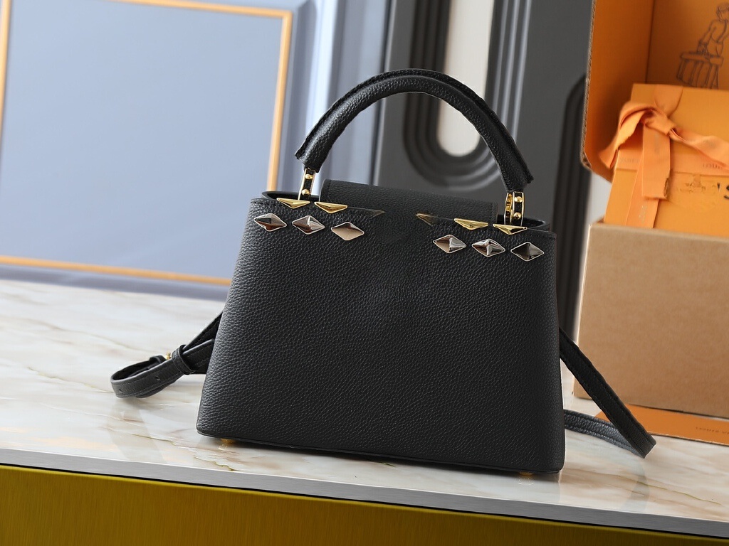 New handbag, cowhide single-shoulder bag, metal diamond-shaped inlaid bag, crossbody bag