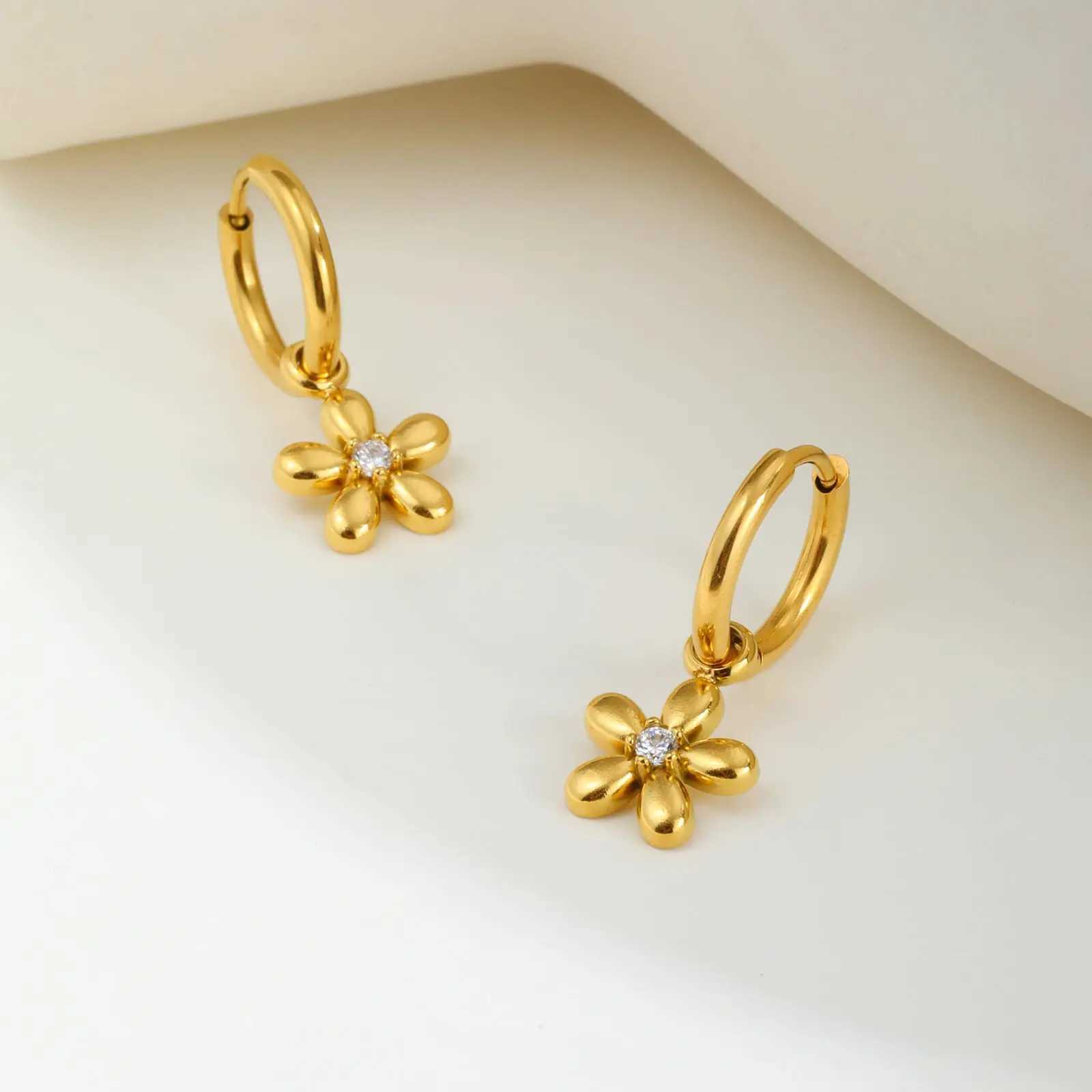 Exquisite Zircon Flower Hoop Earrings for WomenGold Color Stainless Steel EarringsFashion Jewelry Gift C251103