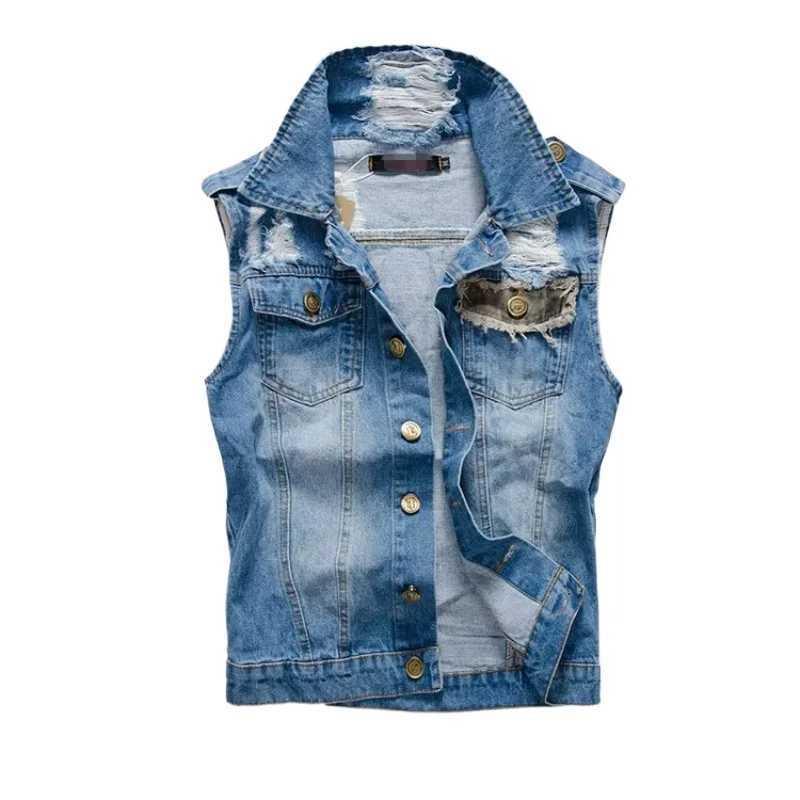New Summer Men Light Blue Denim Vests Jackets Fashion Male Denim Waistcoats Vests Man Cotton Streetwear Holes Jeans Vests 5XL X250403