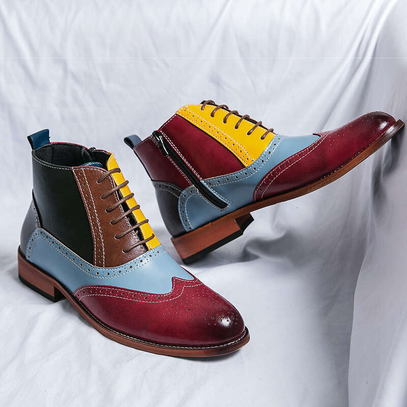 Large men's high cut side zipper color blocking leather with British style fashion pointed tie flat bottomed casual trendy shoes