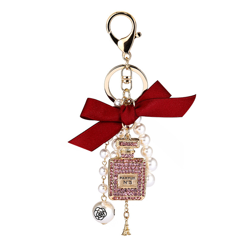 Korean-Style Designer Keychain Creative Handmade Diamond-Inlaid Perfume Bottle Alloy Key Ring with Bow & Pearl Bag Charm