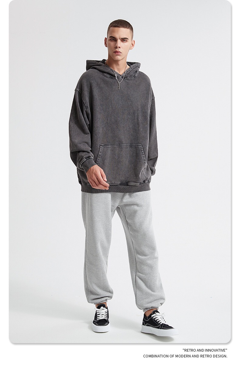 Men's Hoodies & Sweatshirts Heavyweight Washed Vintage Fleece-Lined Hoodie - Unisex Trendy Casual Retro Snow-Washed Solid Color