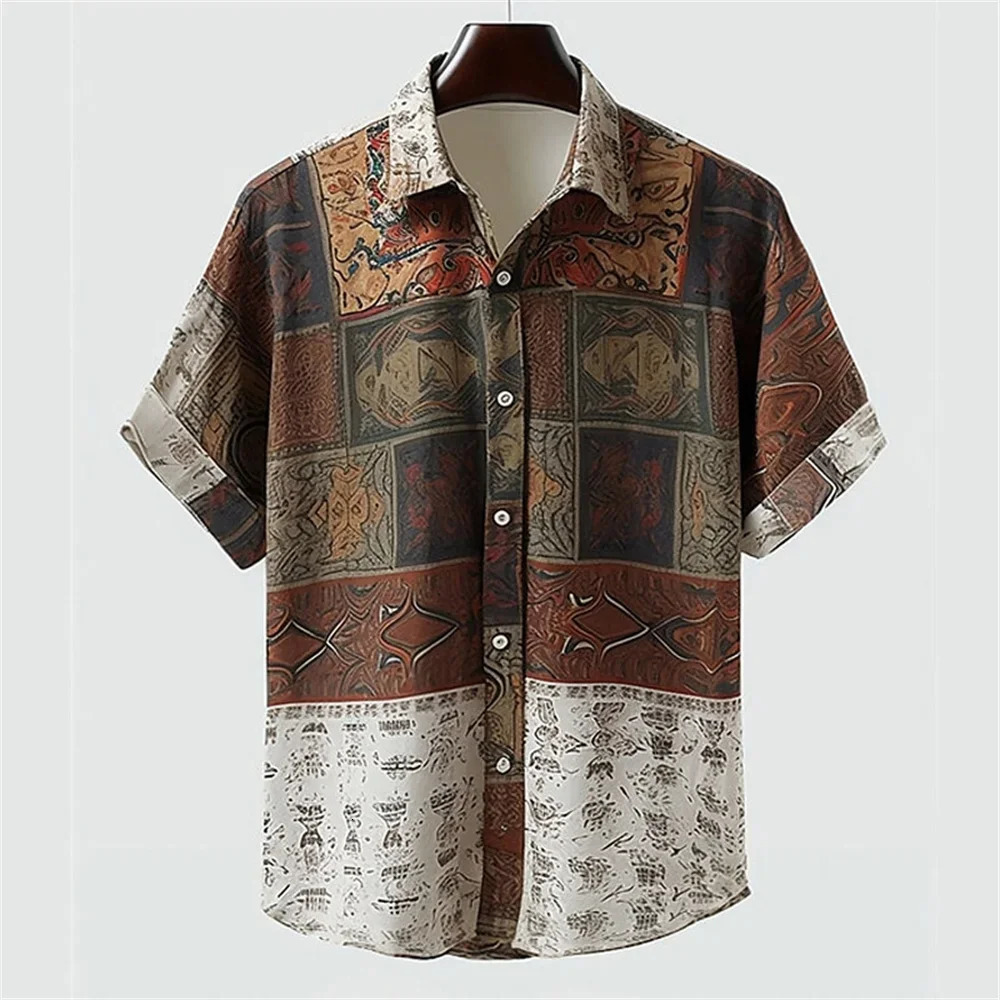 Autumn ethnic style graphic 3D printing holiday button mens clothing shirt casual short sleeved retro top 250403e