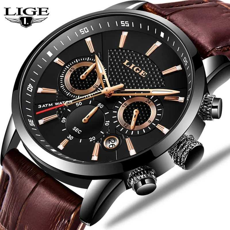 LIGE Mens Watches Luxury Waterproof Military Sport Man Watch Chronograph Genuine Leather Men Quartz Wristwatch Relogio MasculinoW251104