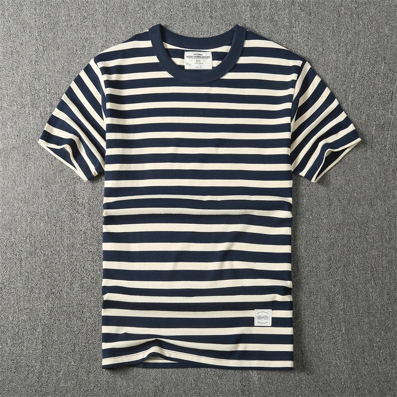 Summer American retro short sleeved O-neck navy blue striped T-shirt for men fashionable and simple 100% pure cotton wash casual sports top 250402