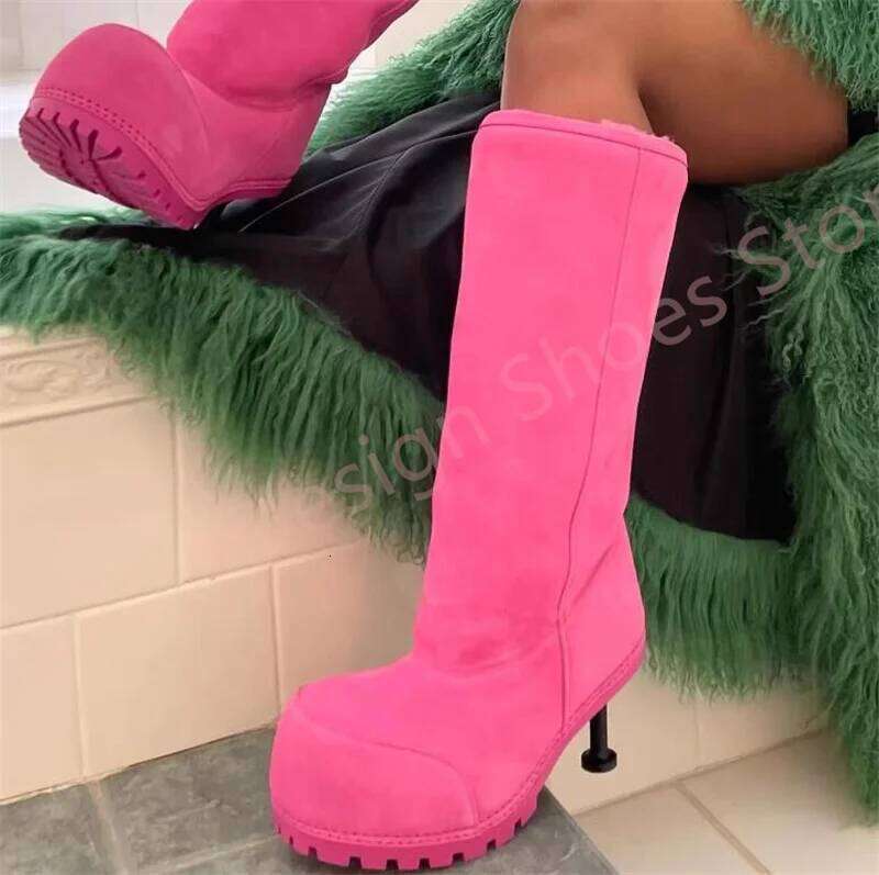 Long Plush Warm Winter Fur For Women Or Men Metal Thin Heels Knee High Height Increasing Shoes Woman Snow Boots 42 43