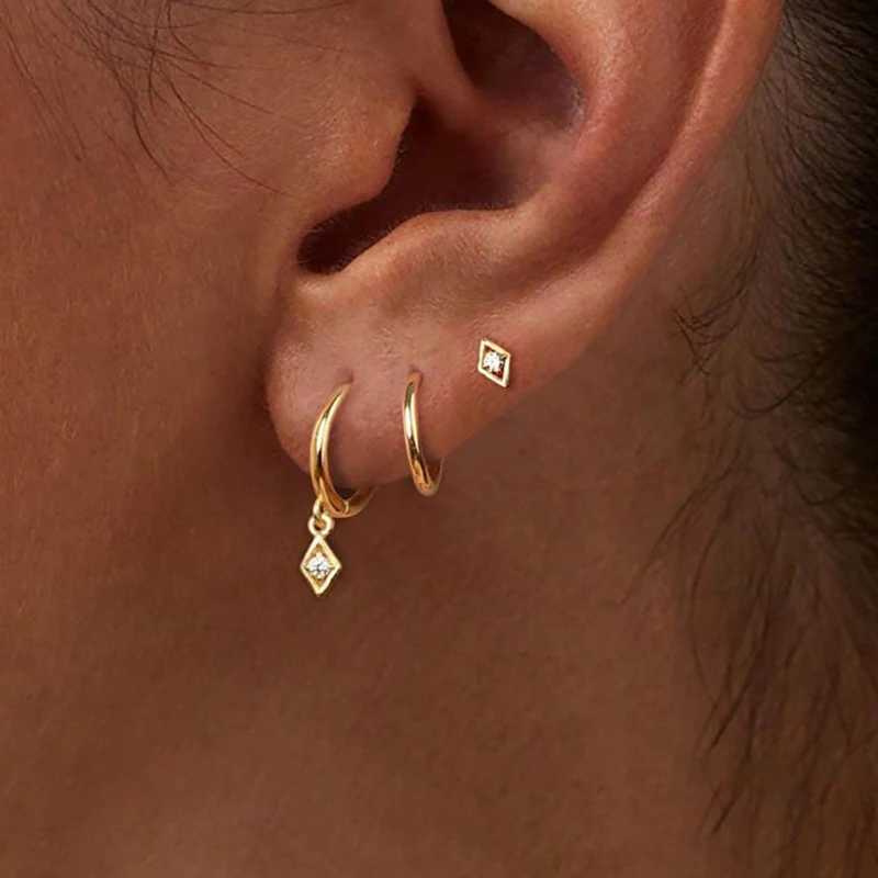 3PCS 14K Gold Plated Square Zircon Earring Set for Women Stainless Steel Pendant Charms Huggies Earring Punk Unisex Rock Jewelry C251103