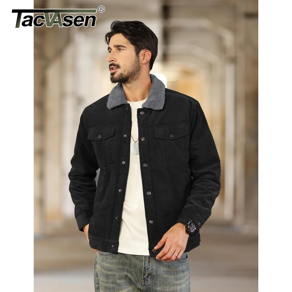 TACVASEN Thicken Fleece Lining Mens Corduroy Jacket Sherpa Lined Winter Coats Trucker Cargo Workwear MultiPocket Outwear 251028CJ