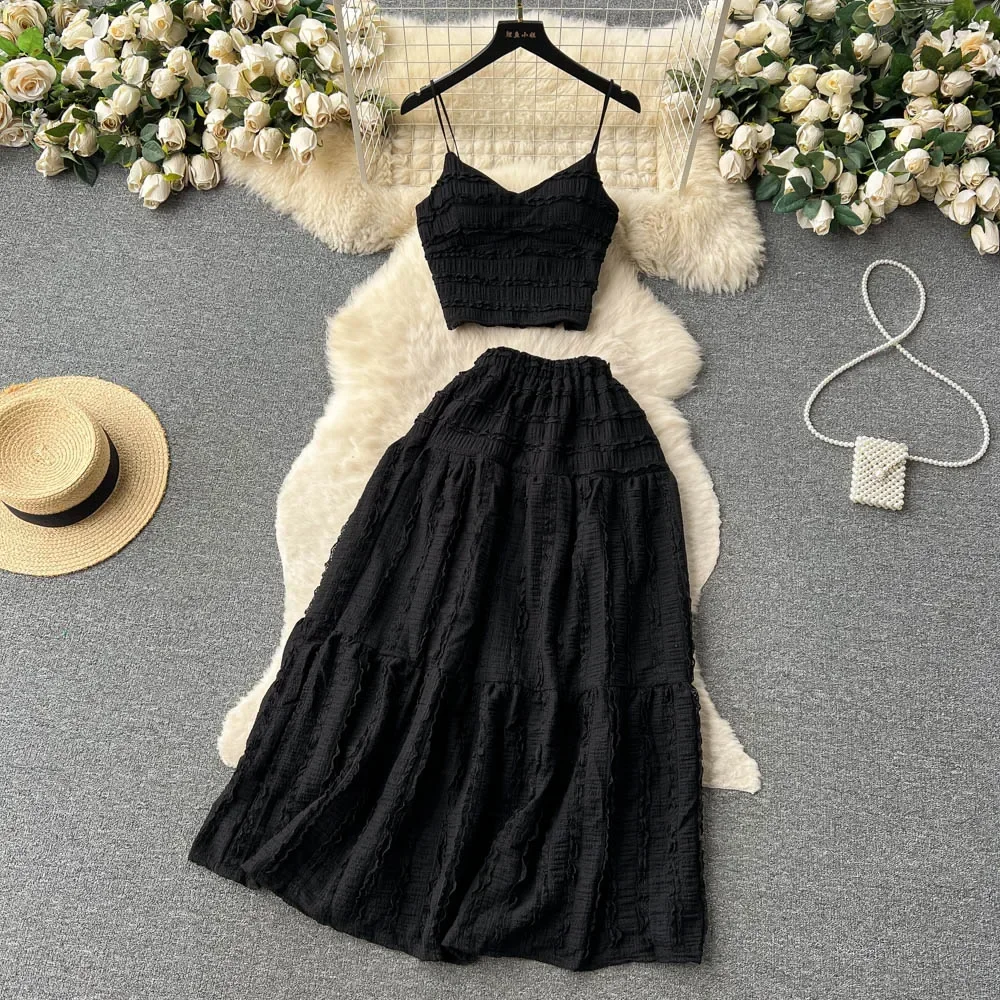 Summer Lace Patchwork Beach Two Pieces Sets Women Sexy Camisole+A Line Long Skirt Elastic Bohemian Suits